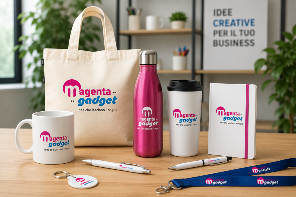 Gadget personalizzati per aziende con shopper, tazza, borraccia, quaderno e accessori promozionali Magenta Gadget.